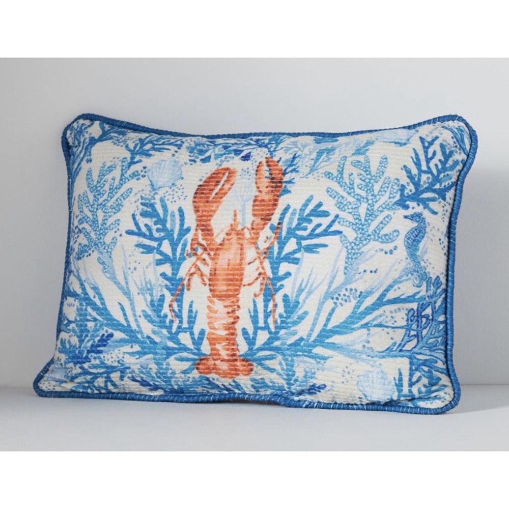 Anthropologie‎ Outdoor Pillow Marina Lobster Blue Natuical Coastal Decor Throw